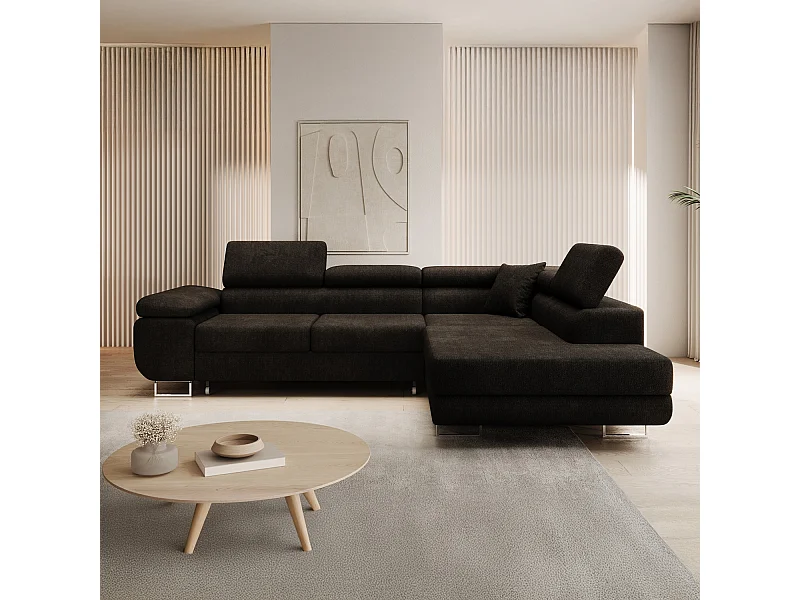 Canapé d'angle droit convertible Marius bouclette Noir