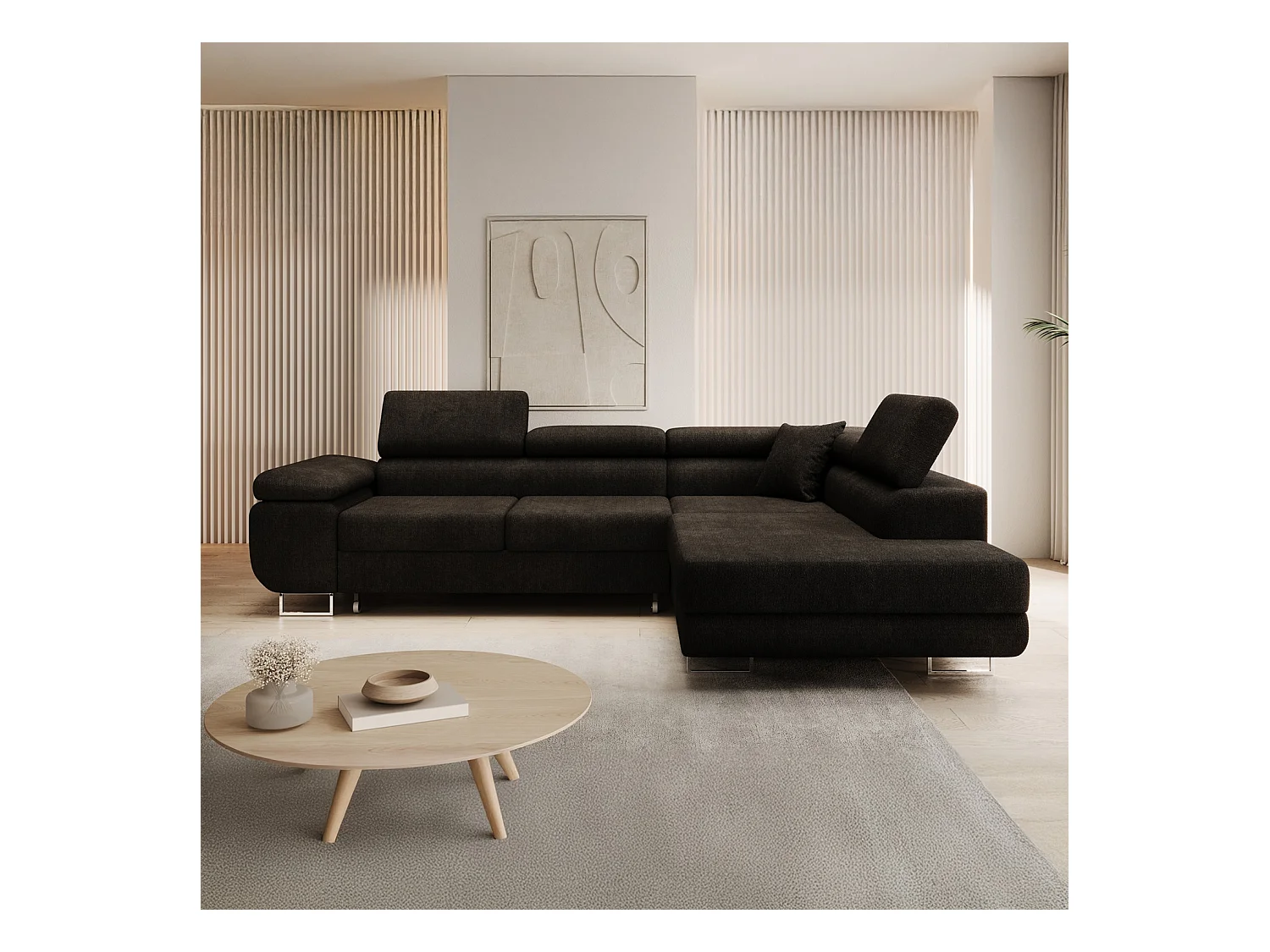 Canapé d'angle droit convertible Marius bouclette Noir