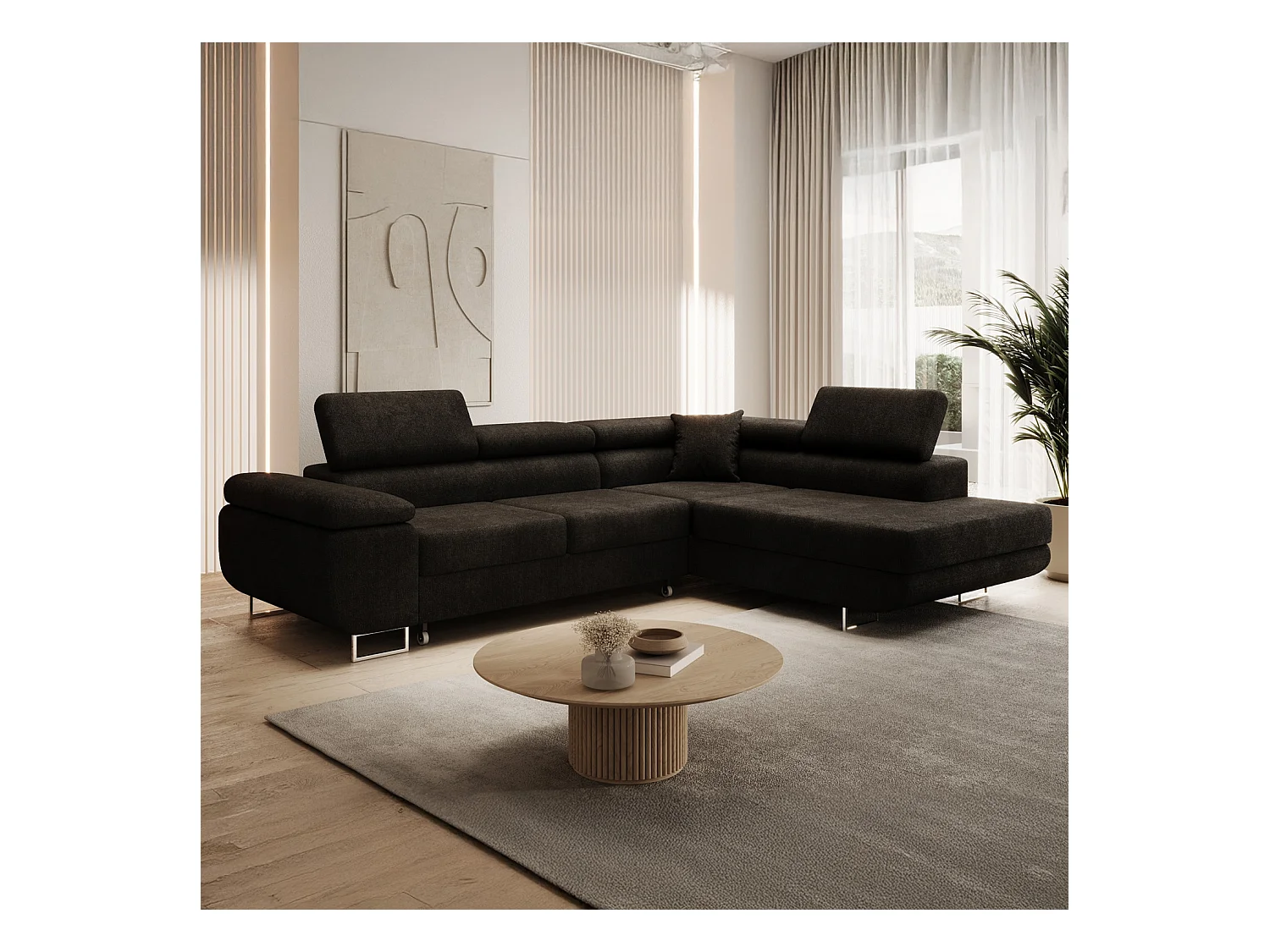 Canapé d'angle droit convertible Marius bouclette Noir