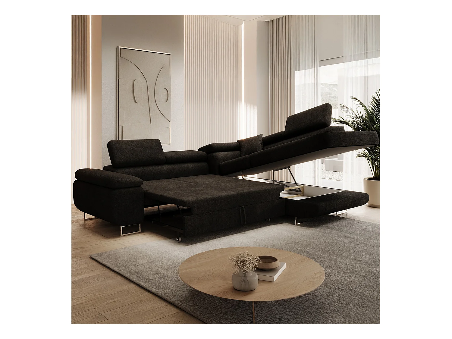 Canapé d'angle droit convertible Marius bouclette Noir