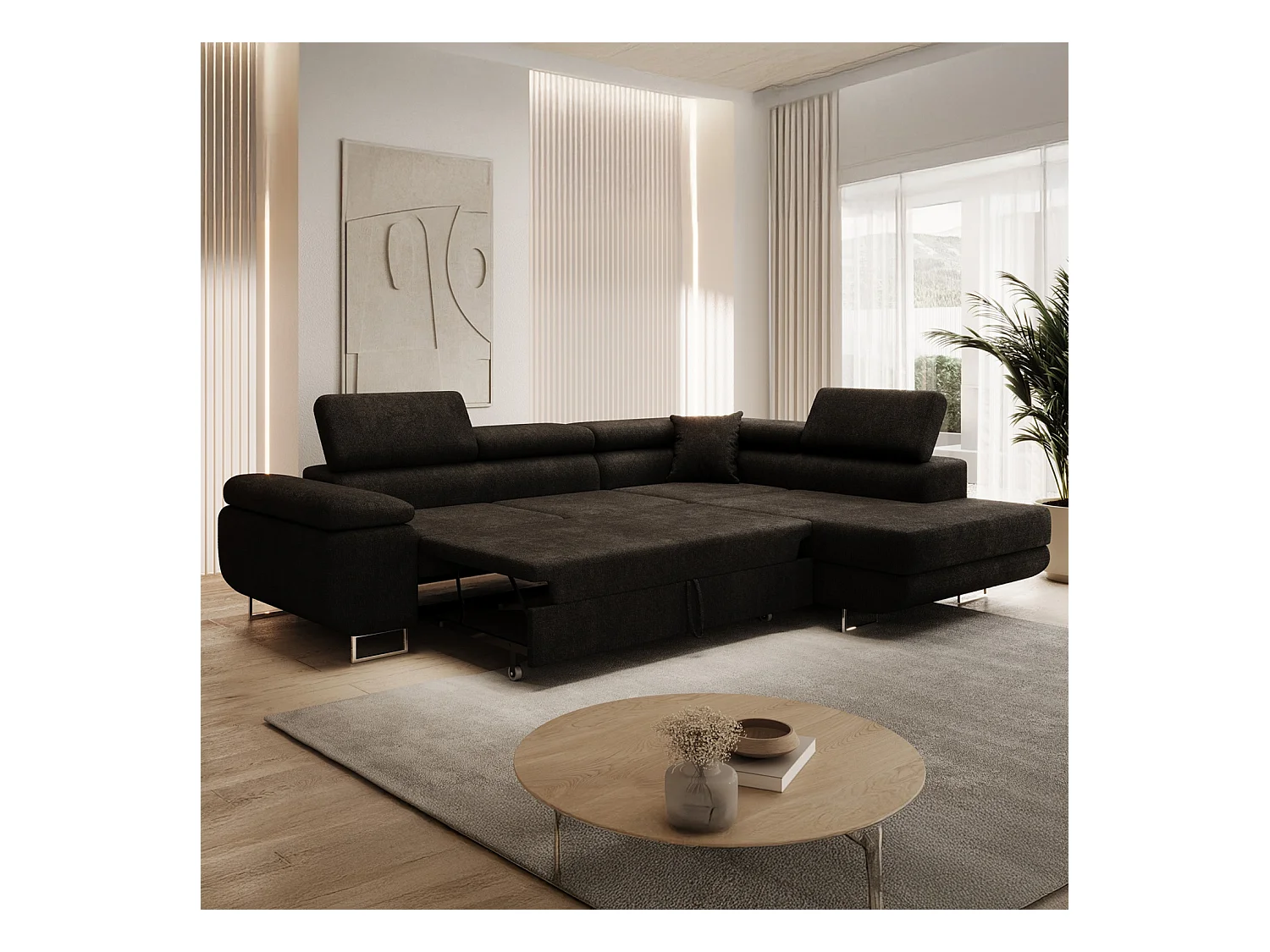 Canapé d'angle droit convertible Marius bouclette Noir