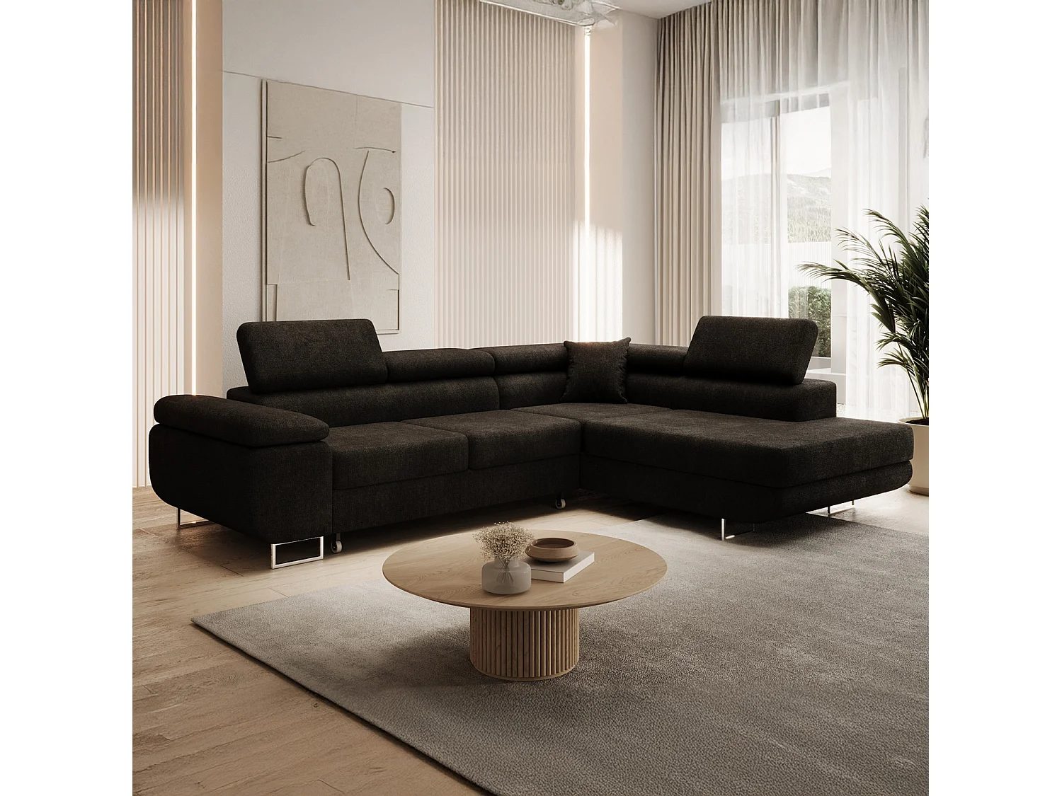 Canapé d'angle droit convertible Marius bouclette Noir