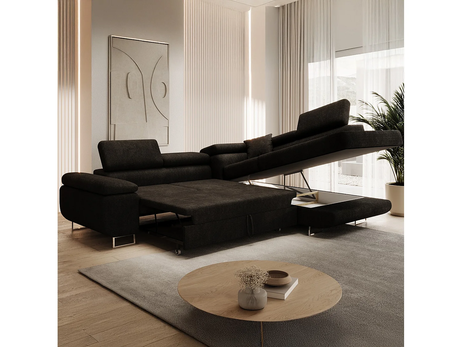 Canapé d'angle droit convertible Marius bouclette Noir