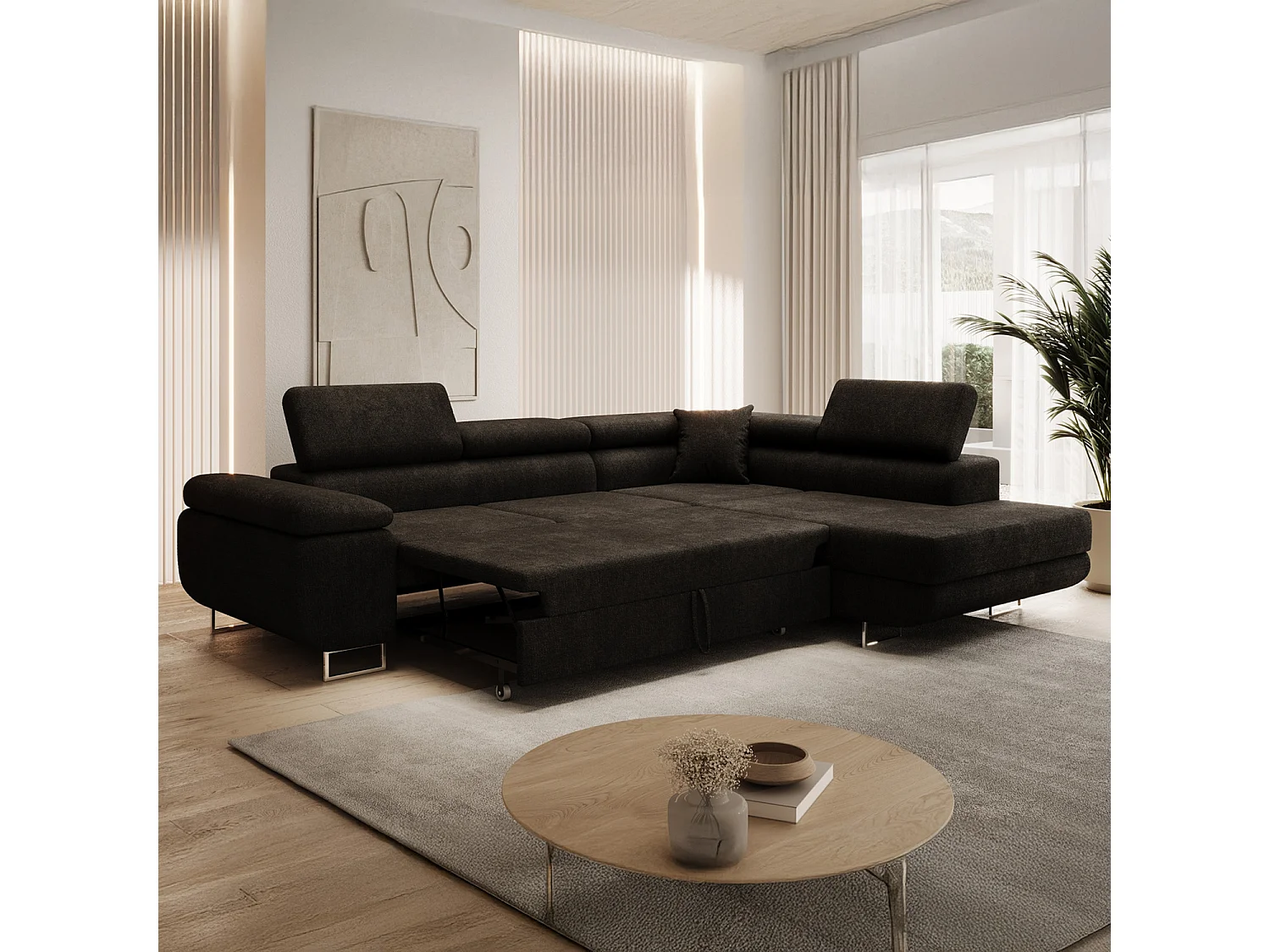 Canapé d'angle droit convertible Marius bouclette Noir
