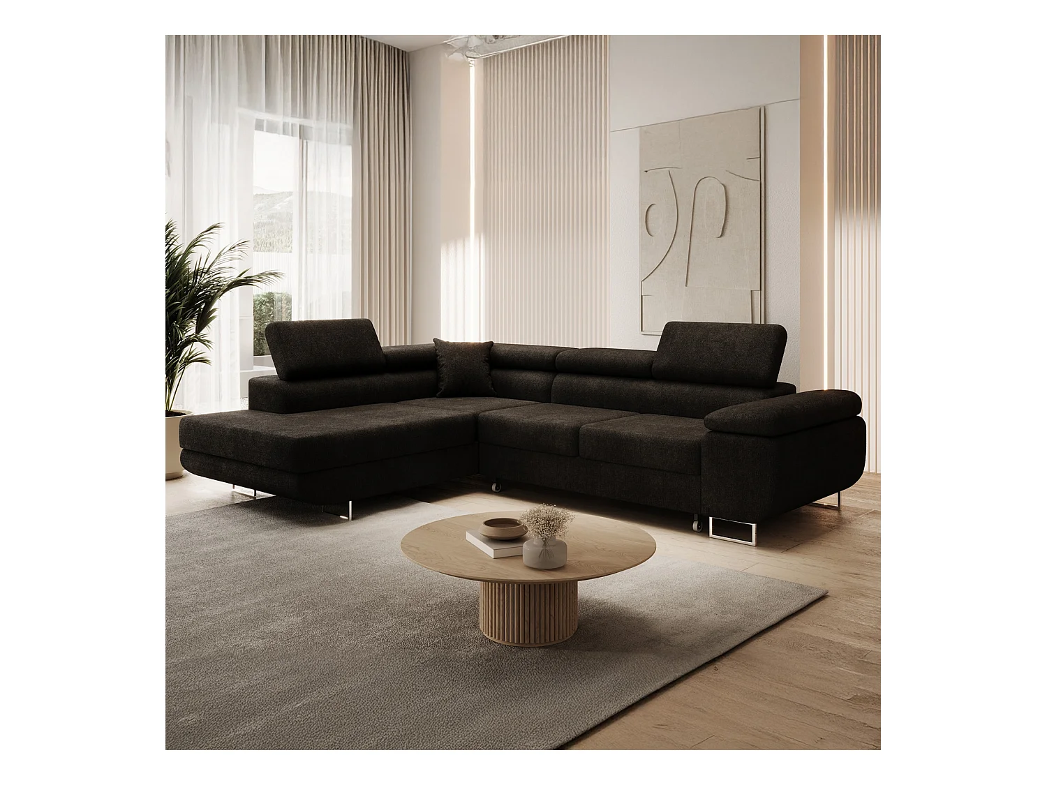 Canapé d'angle gauche convertible Marius bouclette Noir