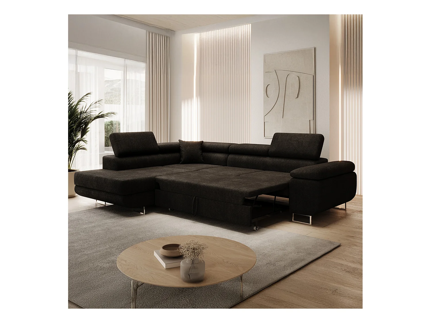 Canapé d'angle gauche convertible Marius bouclette Noir
