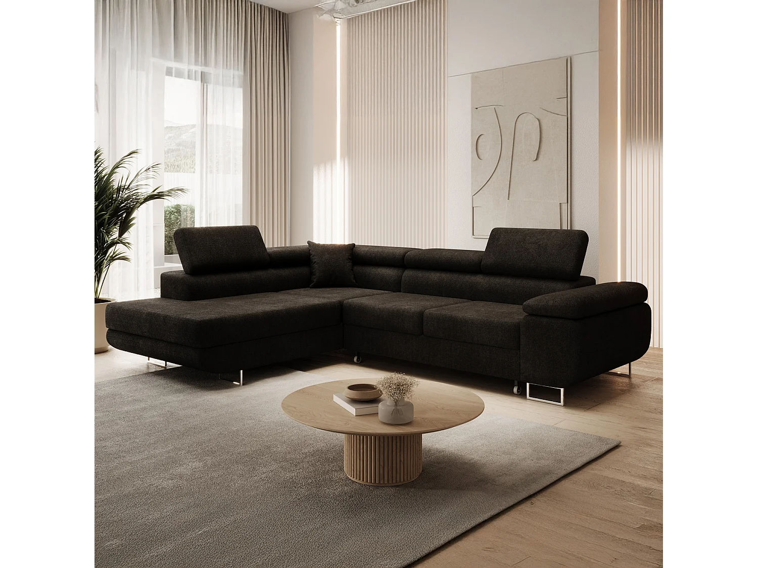 Canapé d'angle gauche convertible Marius bouclette Noir