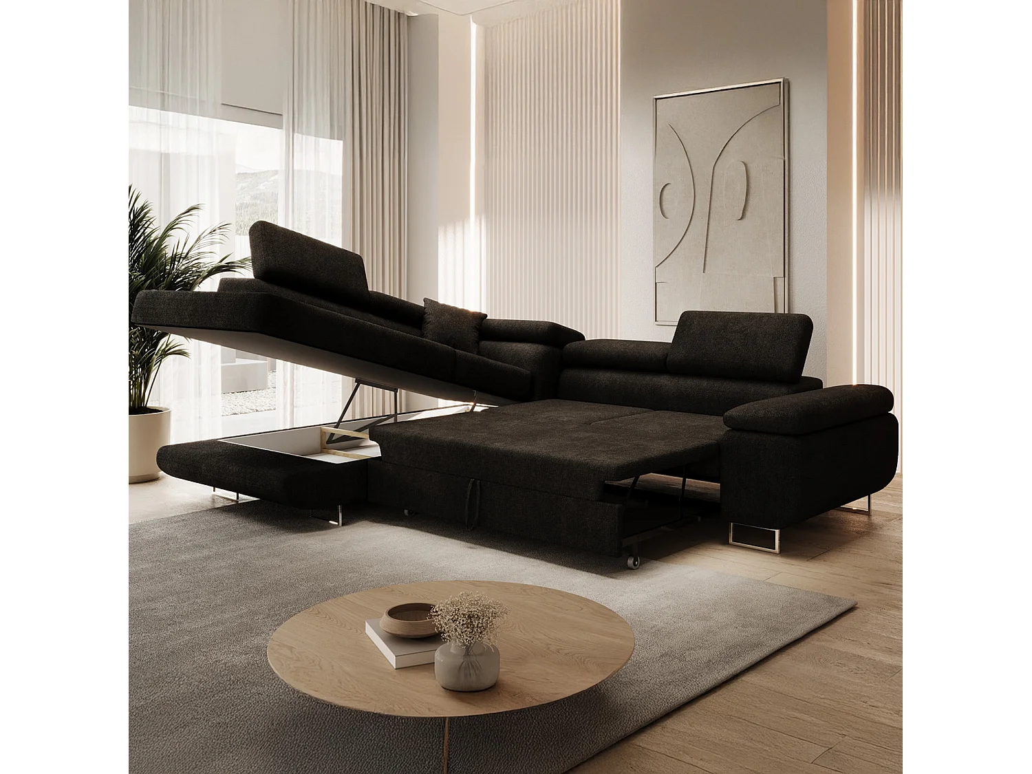 Canapé d'angle gauche convertible Marius bouclette Noir
