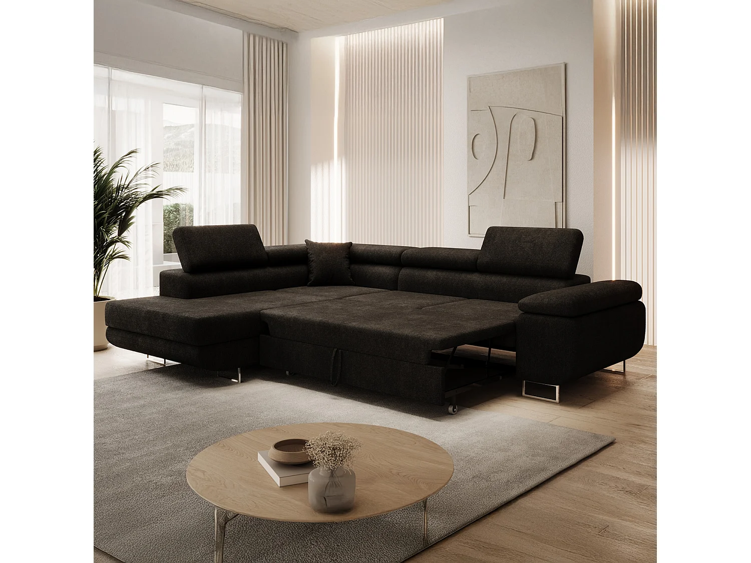 Canapé d'angle gauche convertible Marius bouclette Noir