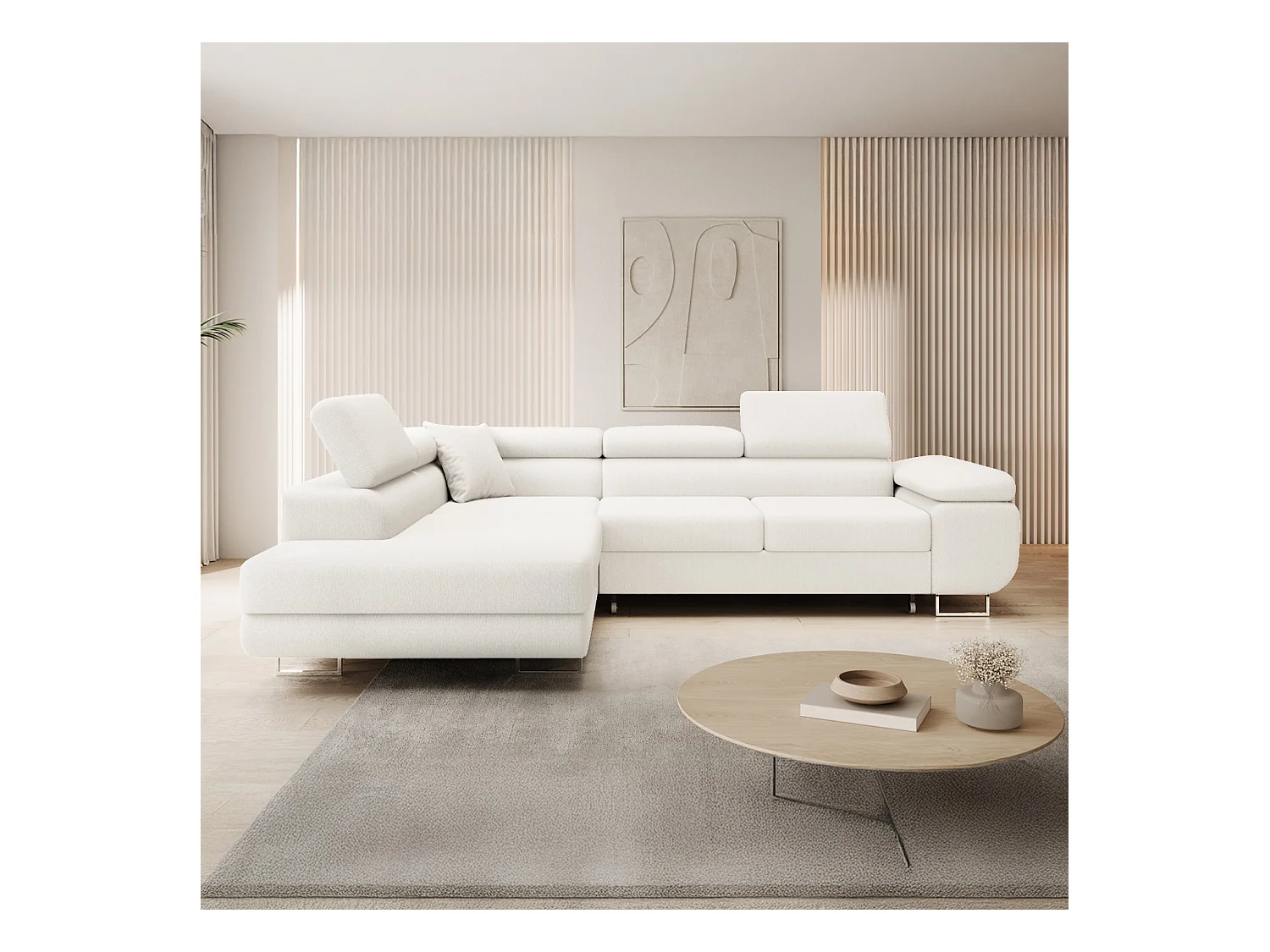 Canapé d'angle gauche convertible Marius bouclette Blanc