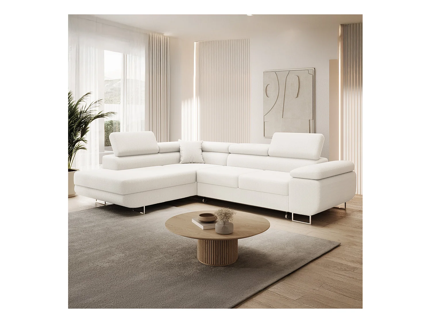 Canapé d'angle gauche convertible Marius bouclette Blanc