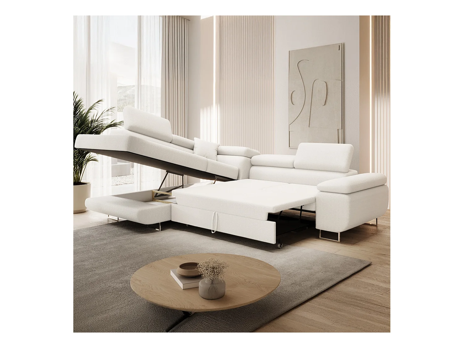 Canapé d'angle gauche convertible Marius bouclette Blanc