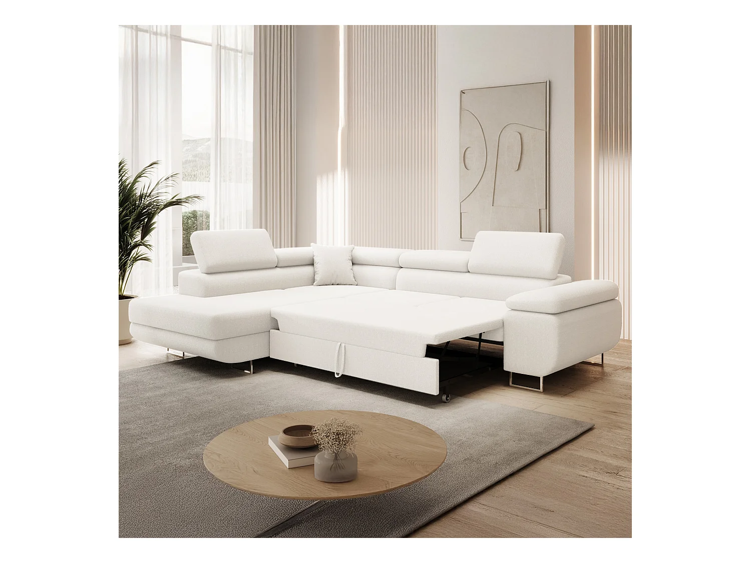 Canapé d'angle gauche convertible Marius bouclette Blanc