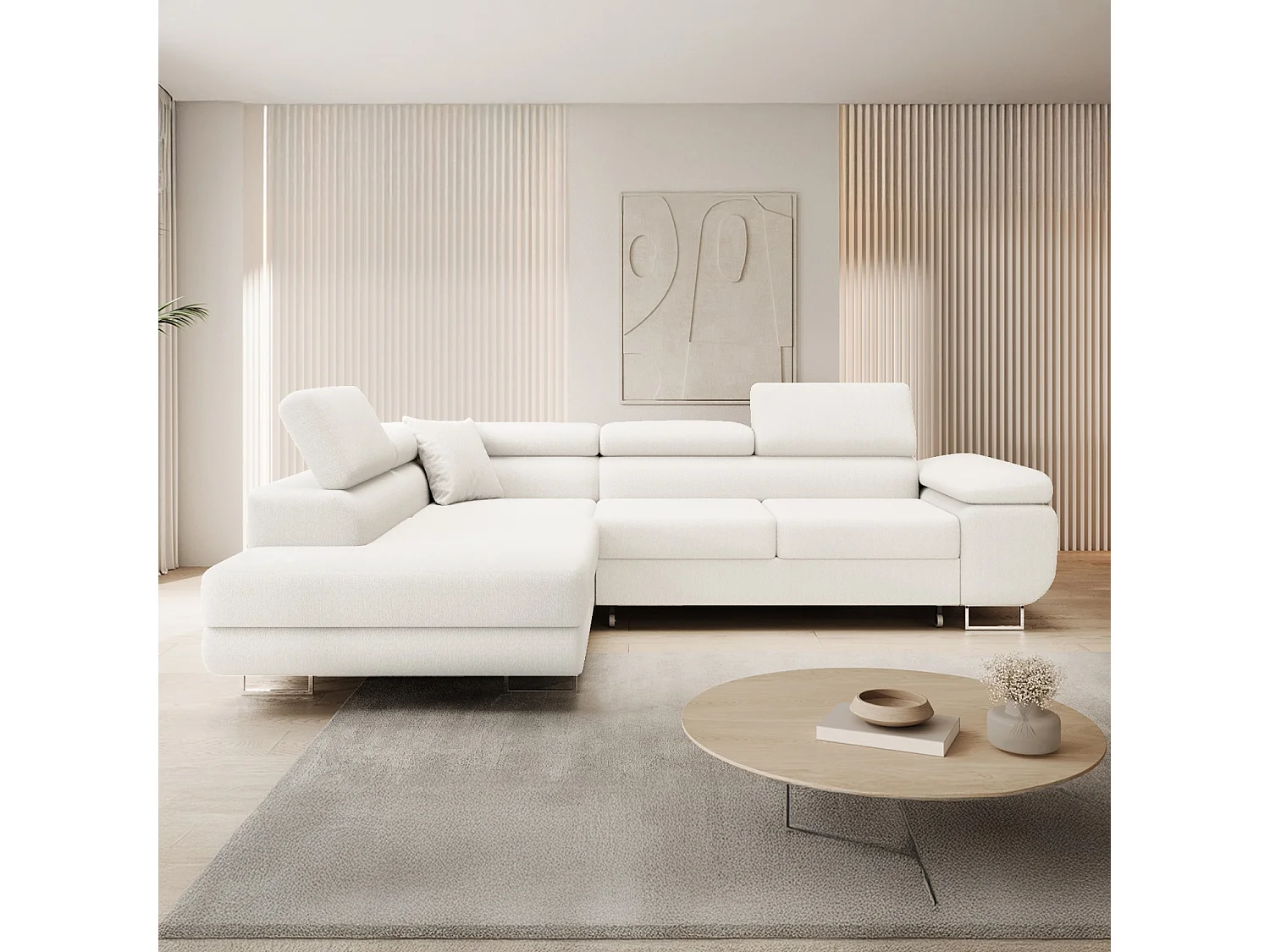 Canapé d'angle gauche convertible Marius bouclette Blanc