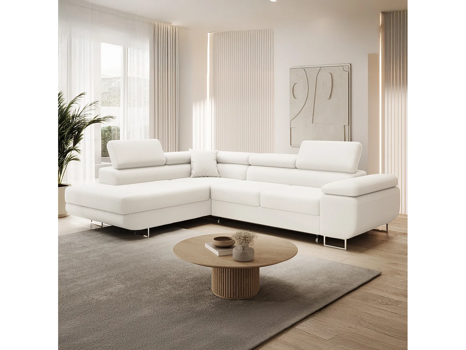 Canapé d'angle gauche convertible Marius bouclette Blanc