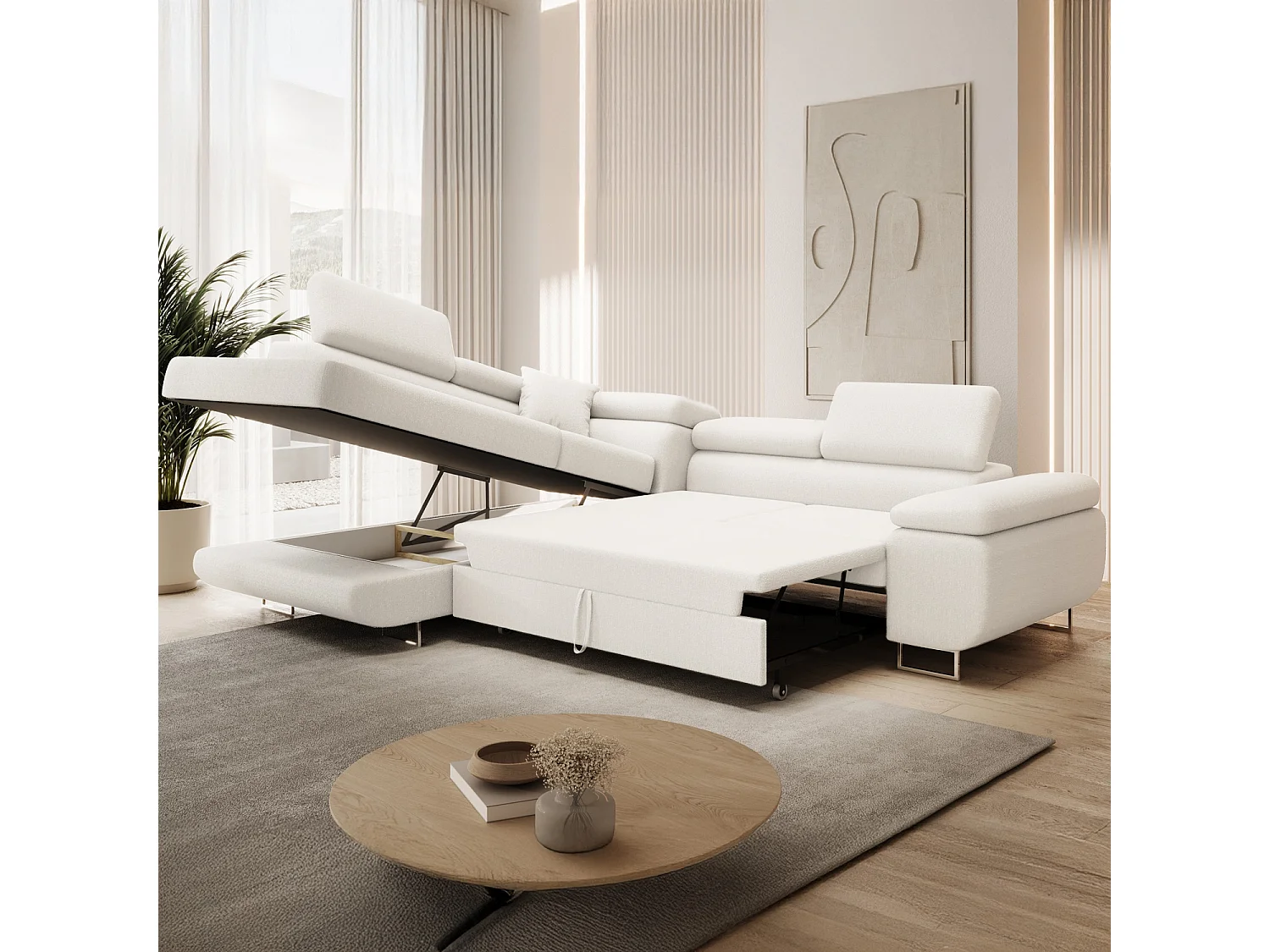 Canapé d'angle gauche convertible Marius bouclette Blanc