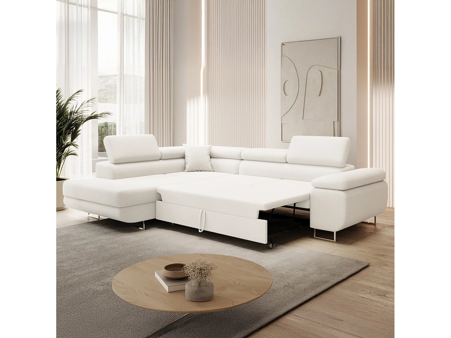 Canapé d'angle gauche convertible Marius bouclette Blanc