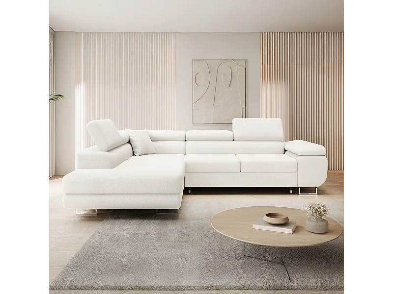 Canapé d'angle gauche convertible Marius bouclette Blanc