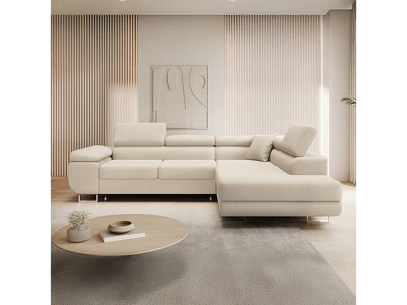 Canapé d'angle droit convertible Marius bouclette Beige