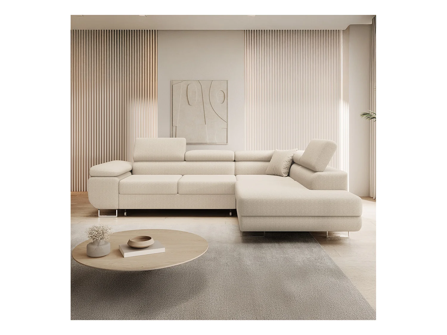 Canapé d'angle droit convertible Marius bouclette Beige