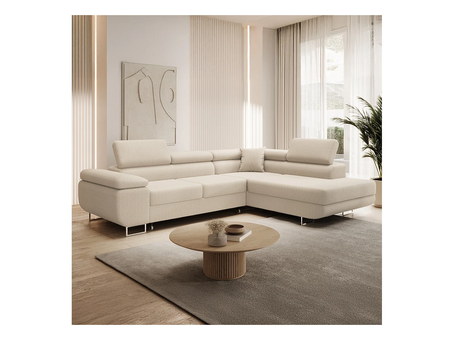 Canapé d'angle droit convertible Marius bouclette Beige