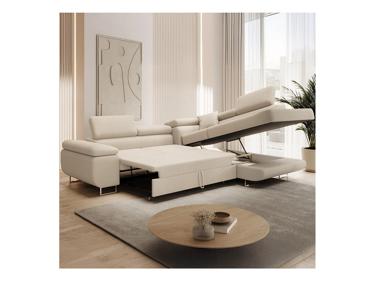 Canapé d'angle droit convertible Marius bouclette Beige