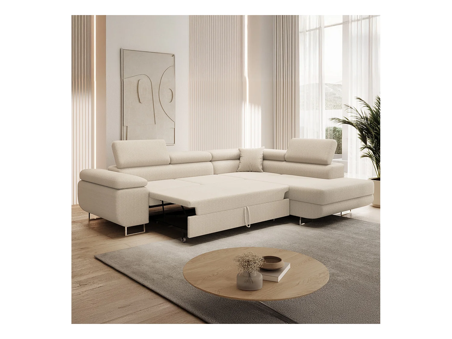 Canapé d'angle droit convertible Marius bouclette Beige