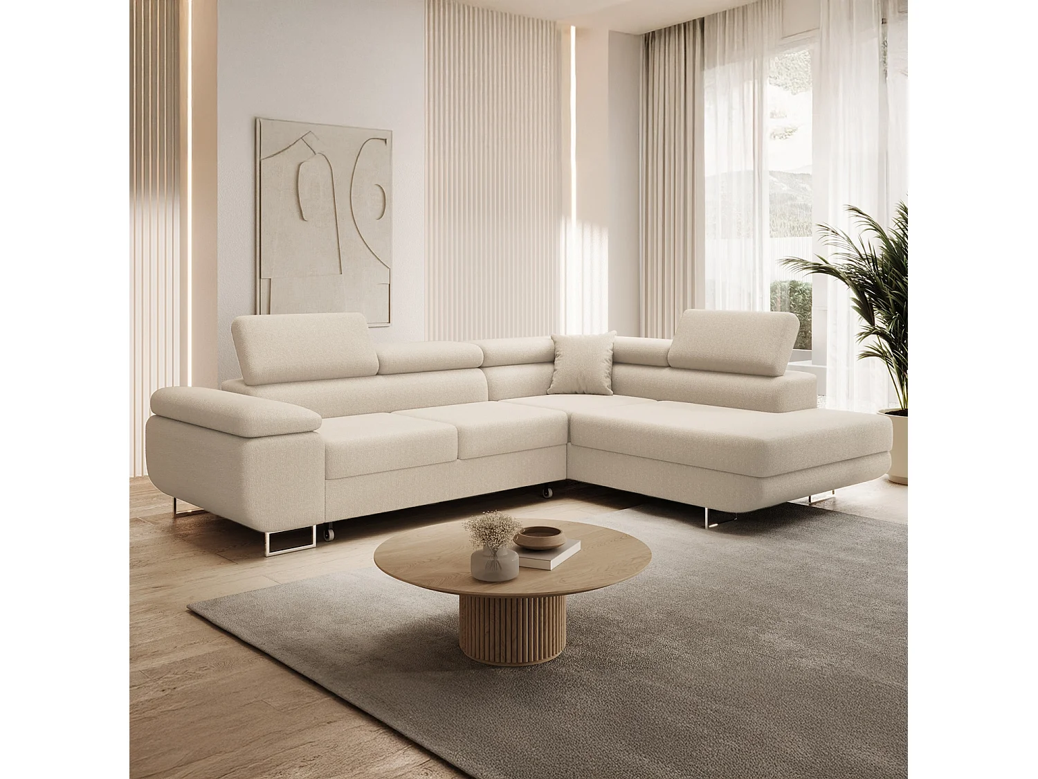 Canapé d'angle droit convertible Marius bouclette Beige