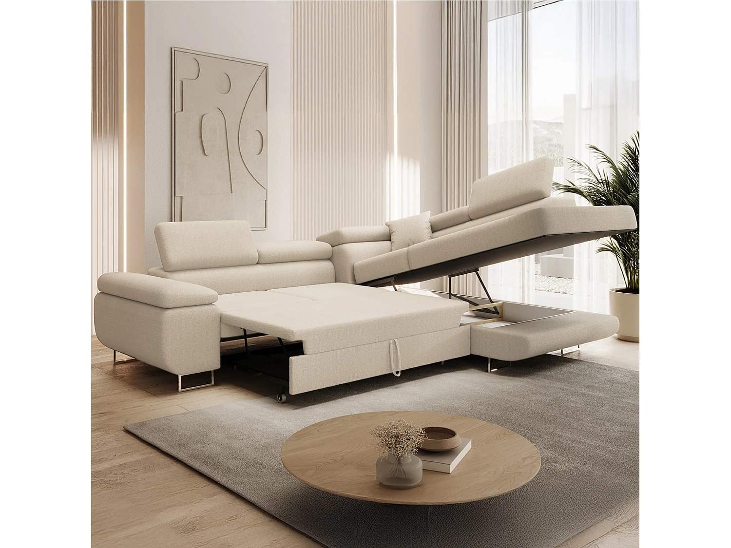 Canapé d'angle droit convertible Marius bouclette Beige