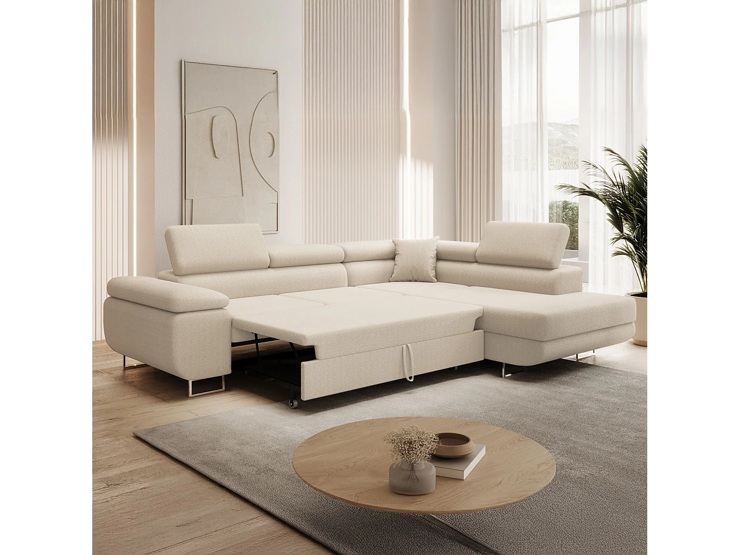 Canapé d'angle droit convertible Marius bouclette Beige