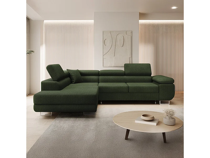 Canapé d'angle gauche convertible Marius bouclette Kaki