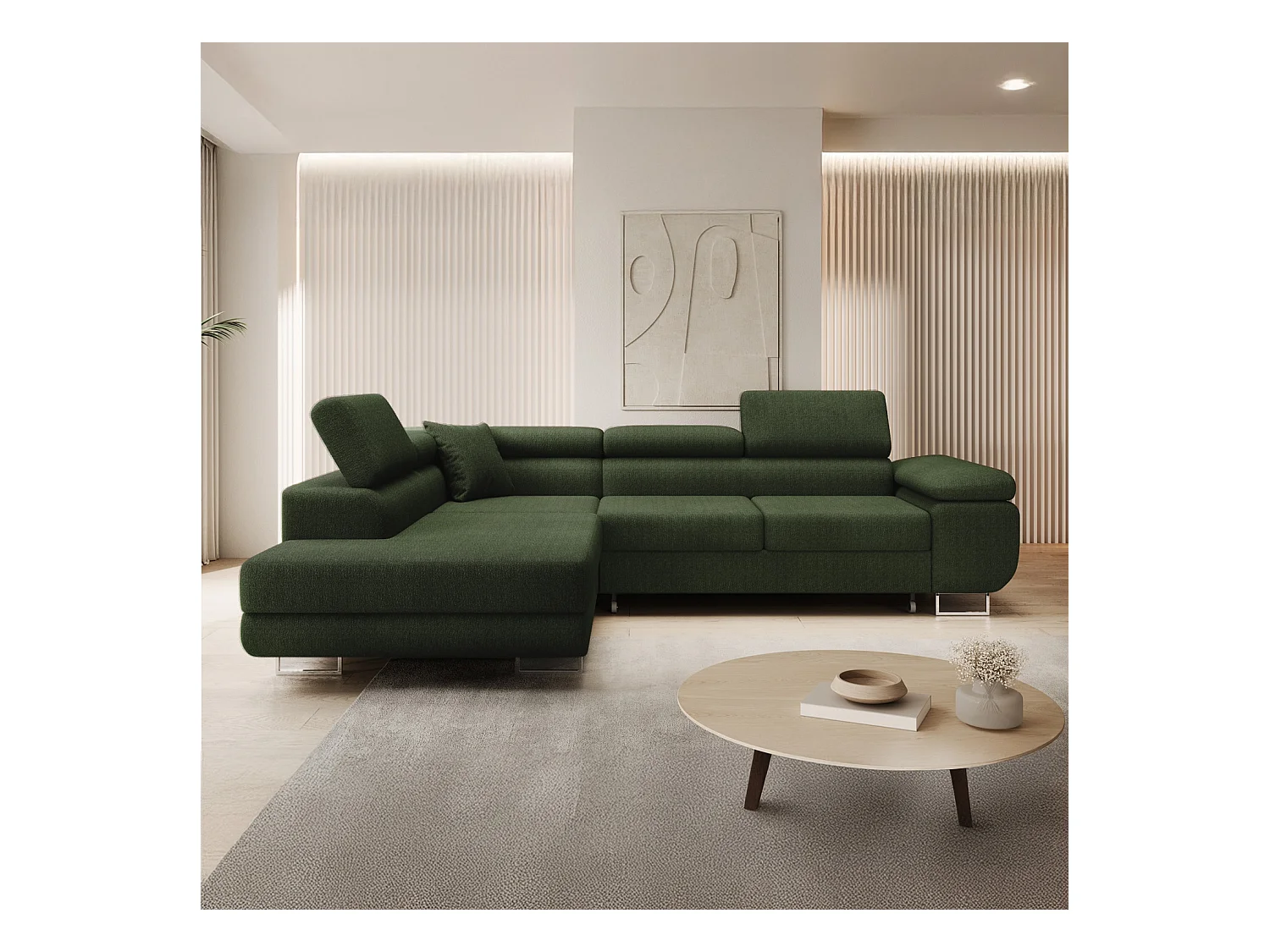 Canapé d'angle gauche convertible Marius bouclette Kaki