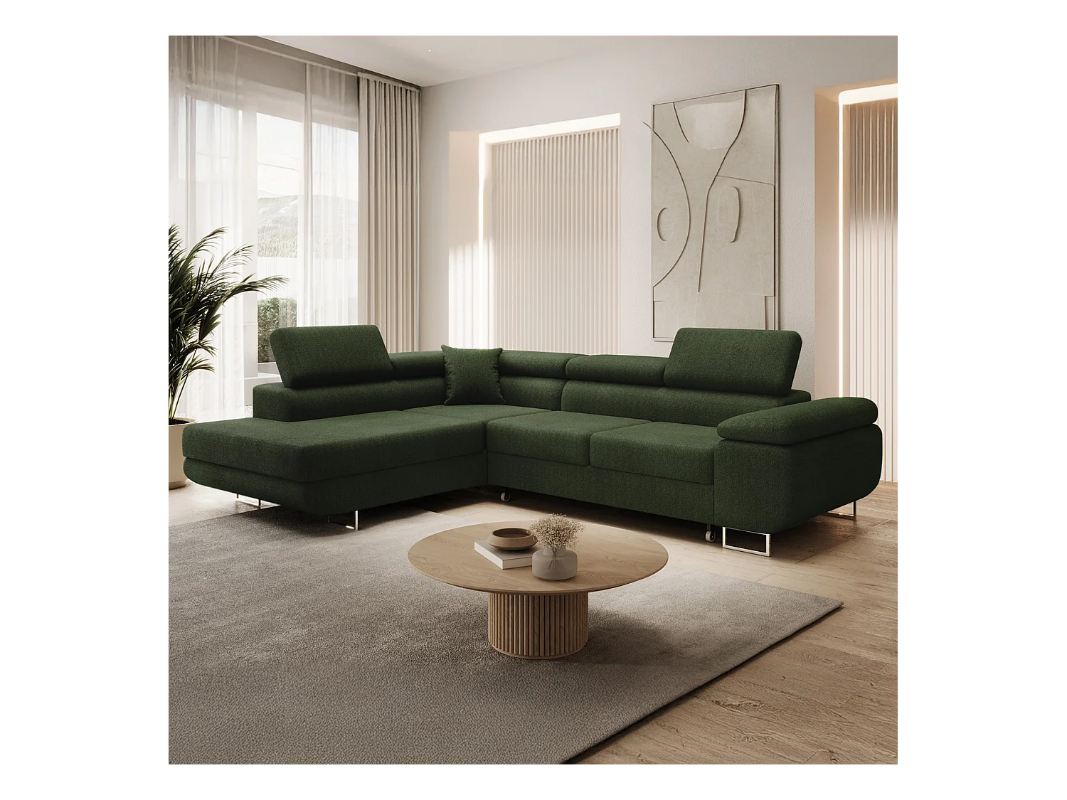 Canapé d'angle gauche convertible Marius bouclette Kaki