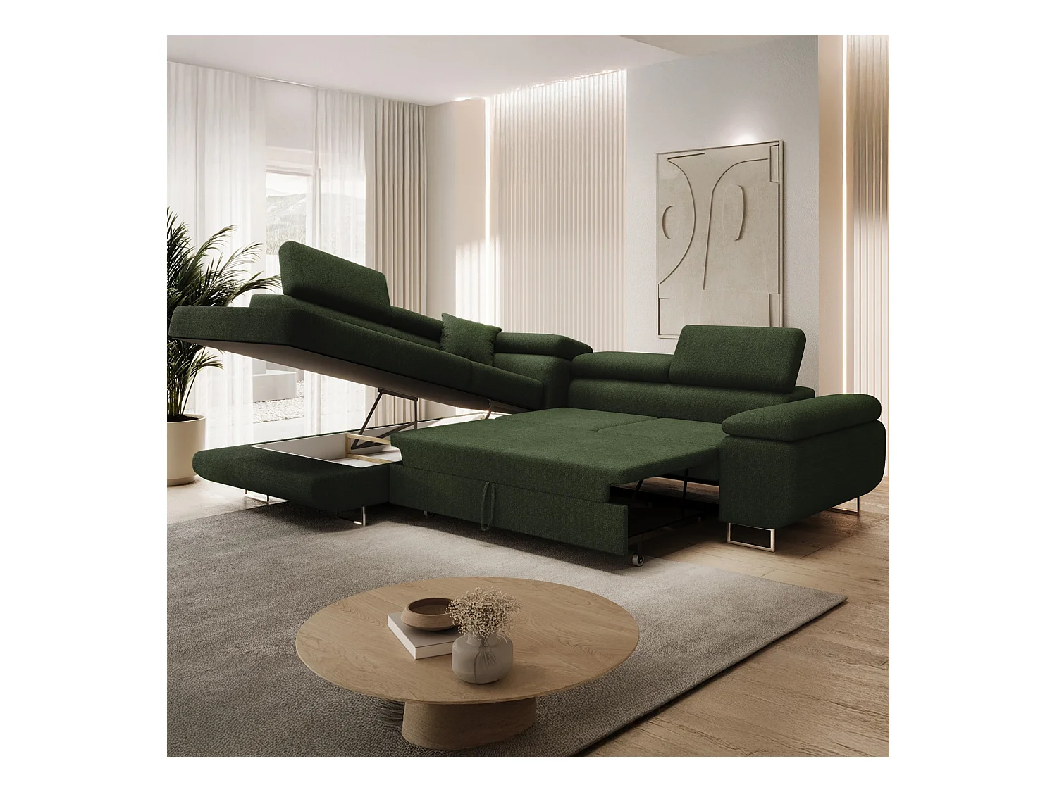 Canapé d'angle gauche convertible Marius bouclette Kaki