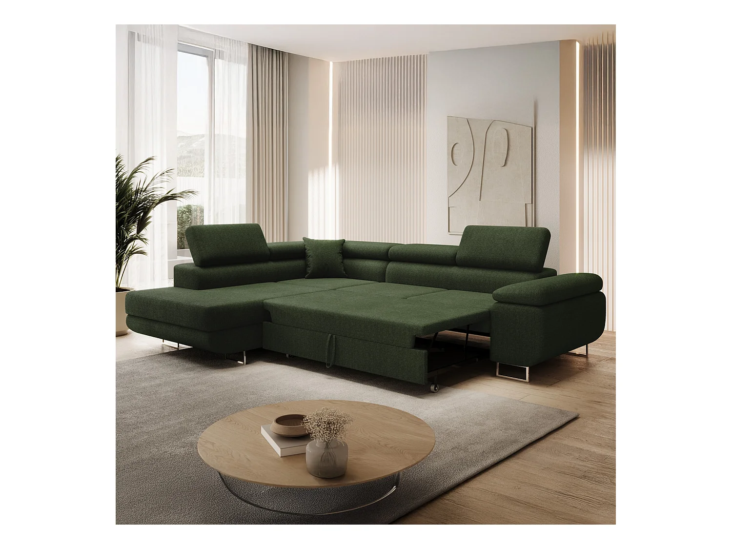 Canapé d'angle gauche convertible Marius bouclette Kaki