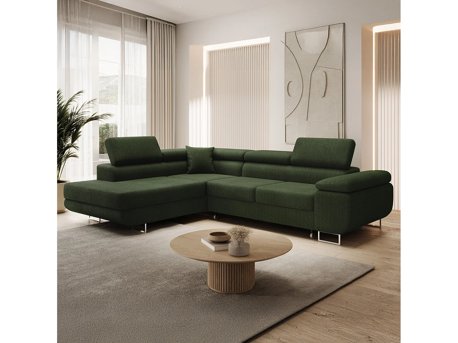 Canapé d'angle gauche convertible Marius bouclette Kaki