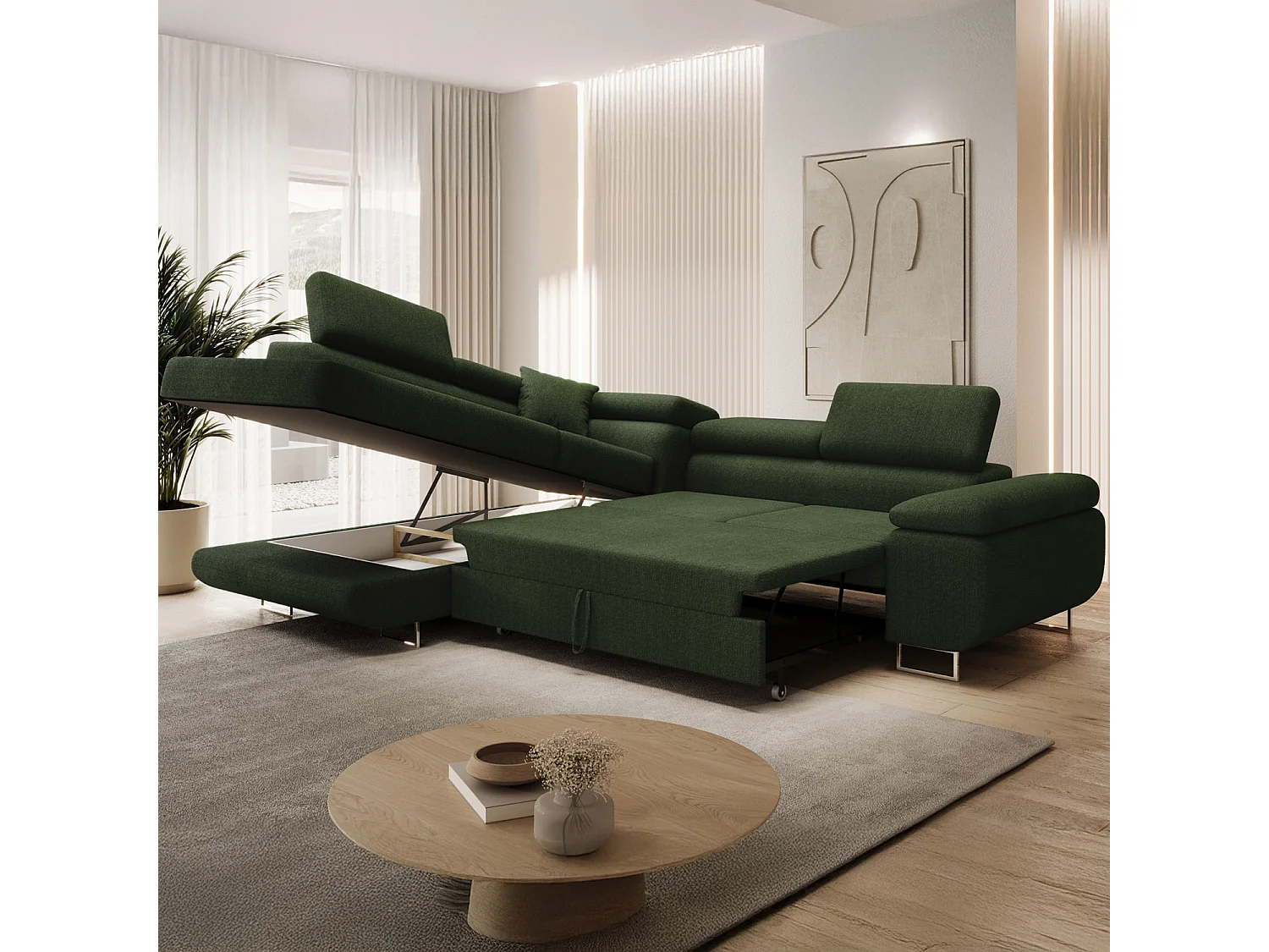 Canapé d'angle gauche convertible Marius bouclette Kaki