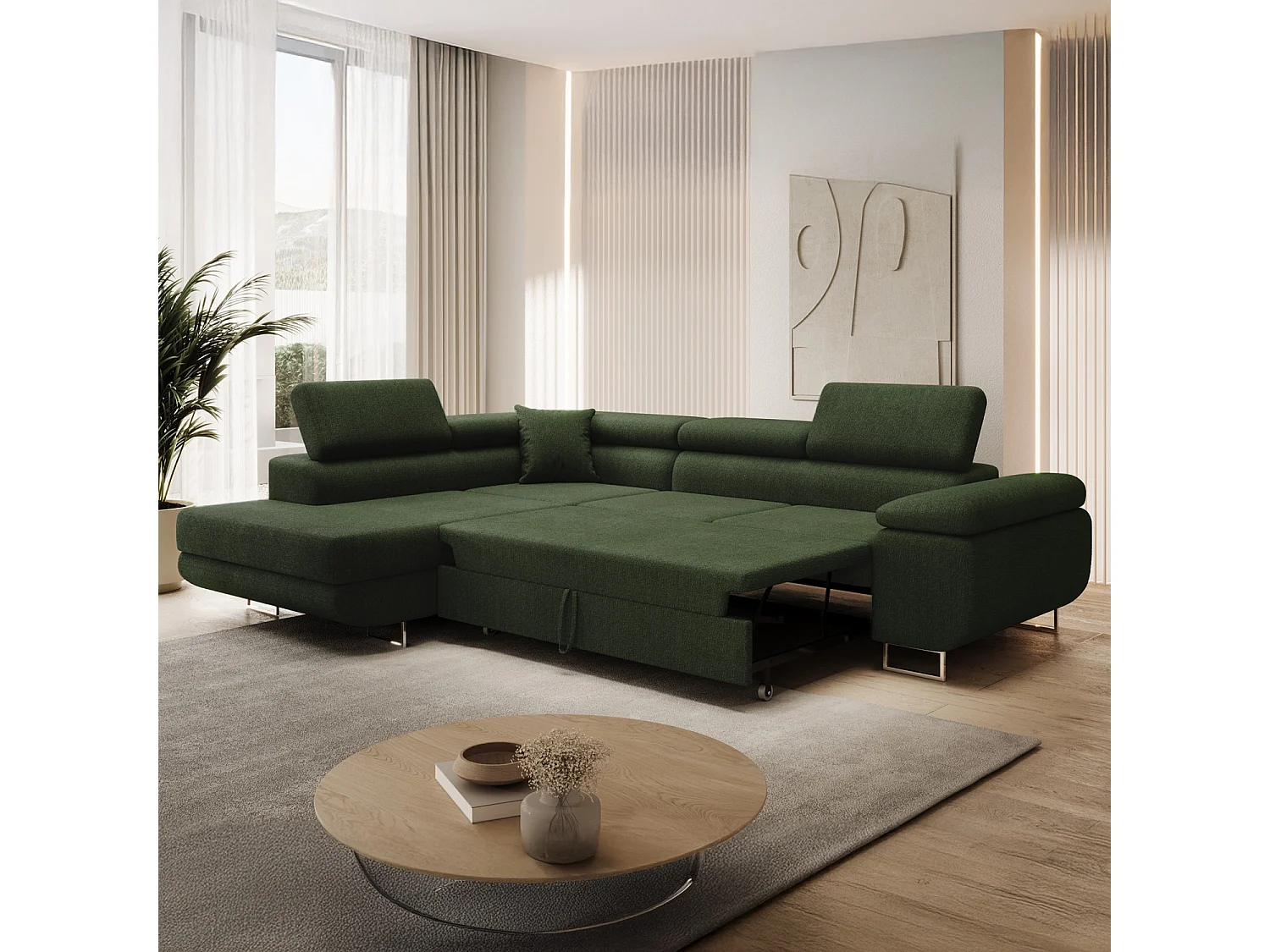 Canapé d'angle gauche convertible Marius bouclette Kaki