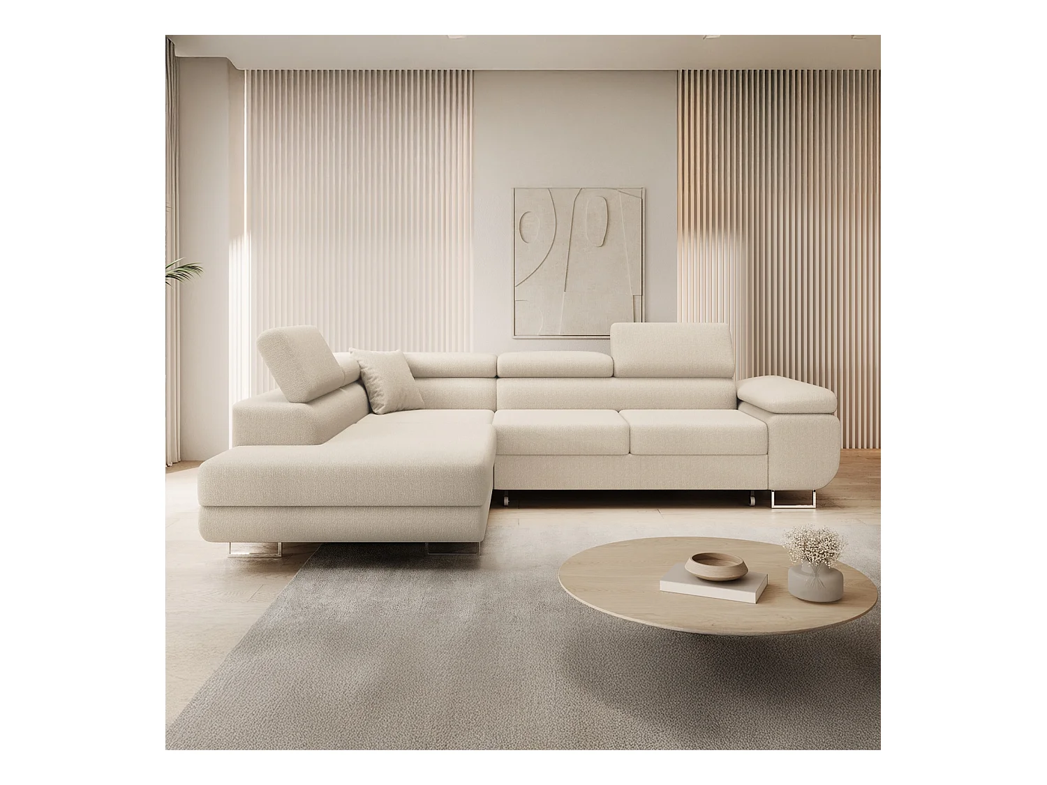 Canapé d'angle gauche convertible Marius bouclette Beige