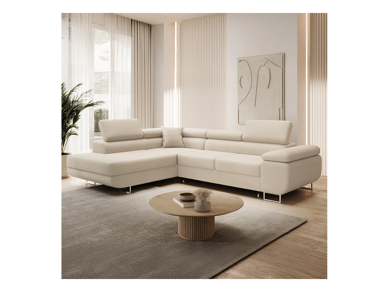 Canapé d'angle gauche convertible Marius bouclette Beige