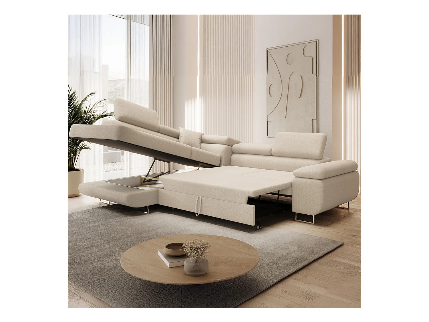 Canapé d'angle gauche convertible Marius bouclette Beige