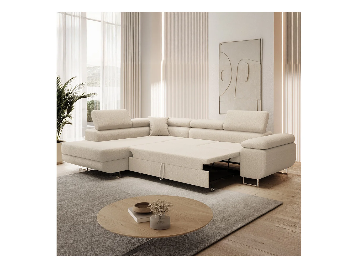 Canapé d'angle gauche convertible Marius bouclette Beige