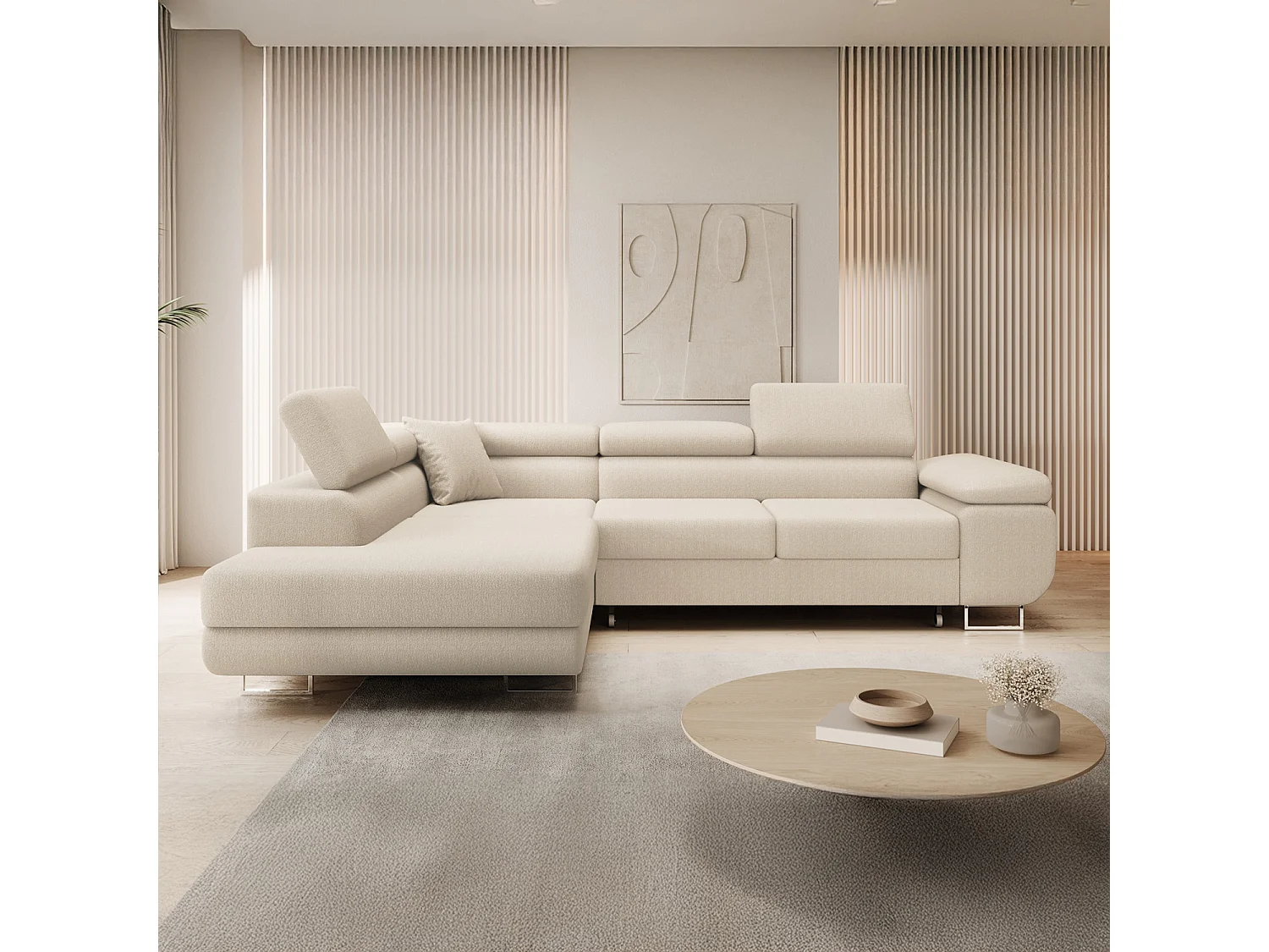 Canapé d&#039;angle gauche convertible Marius bouclette Beige