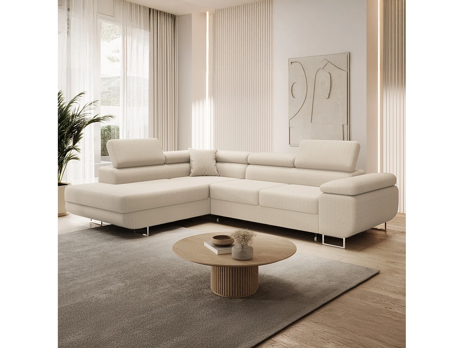 Canapé d&#039;angle gauche convertible Marius bouclette Beige