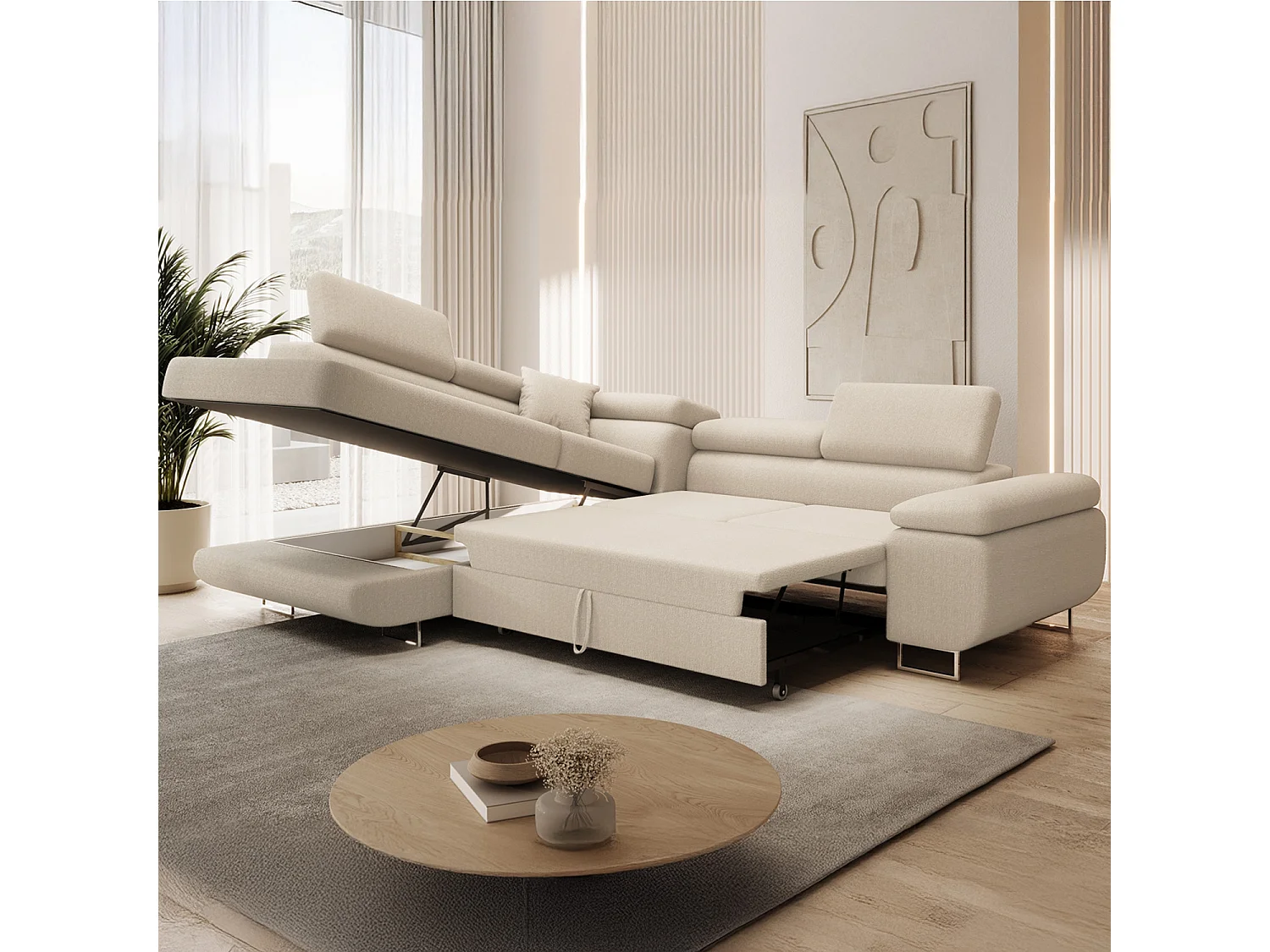 Canapé d&#039;angle gauche convertible Marius bouclette Beige