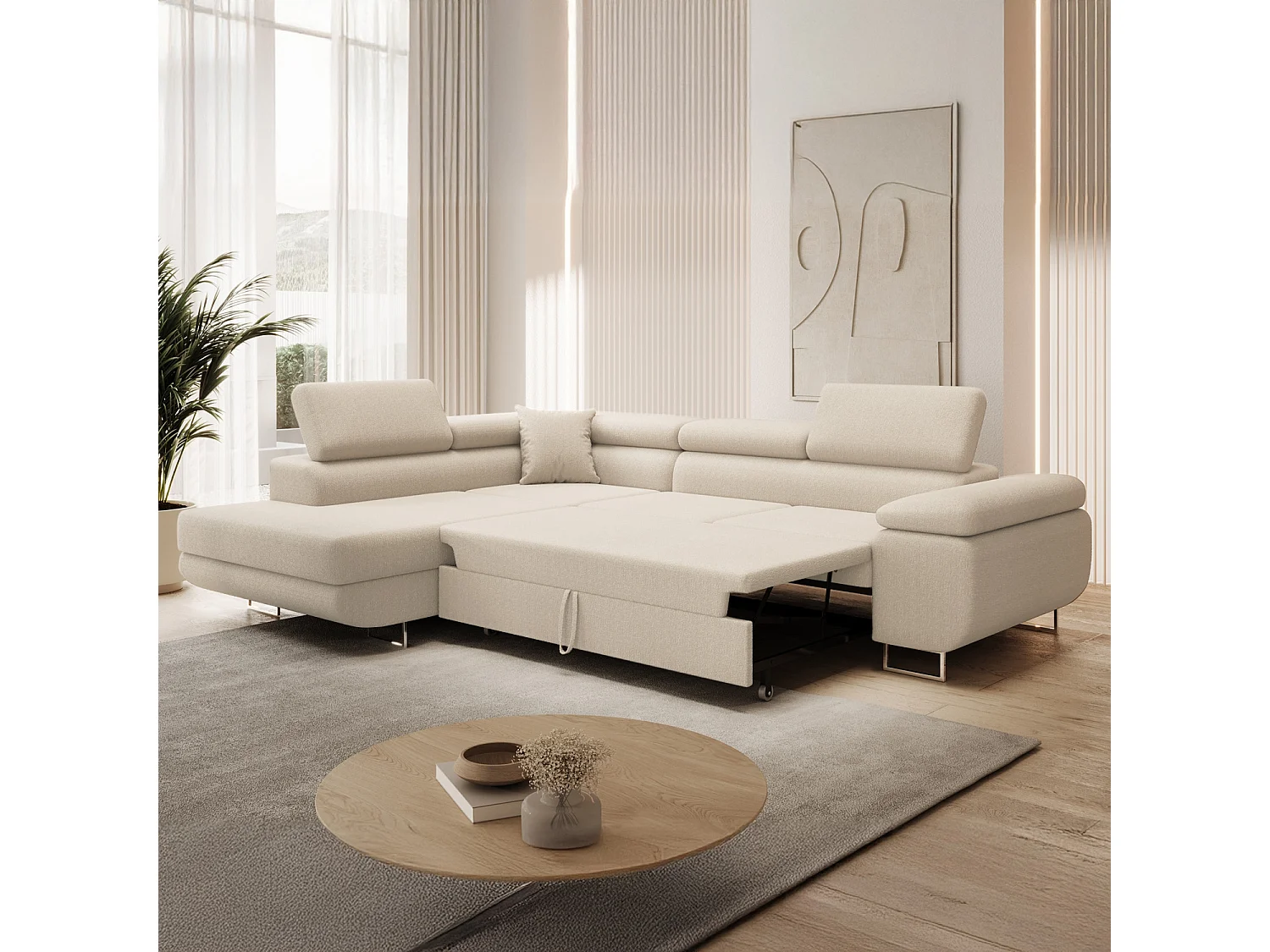 Canapé d&#039;angle gauche convertible Marius bouclette Beige