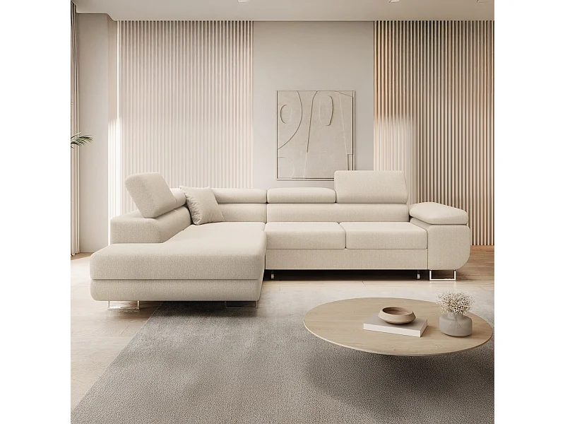 Canapé d'angle gauche convertible Marius bouclette Beige