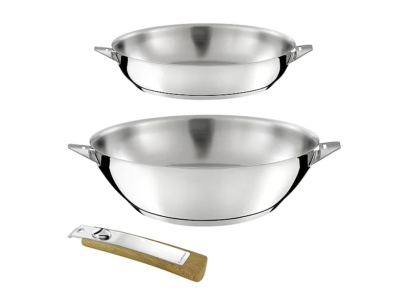 Eclipse - Lot de 1 poêle 24 cm et 1 wok 28 cm finition miroir avec poignée effet bois clair