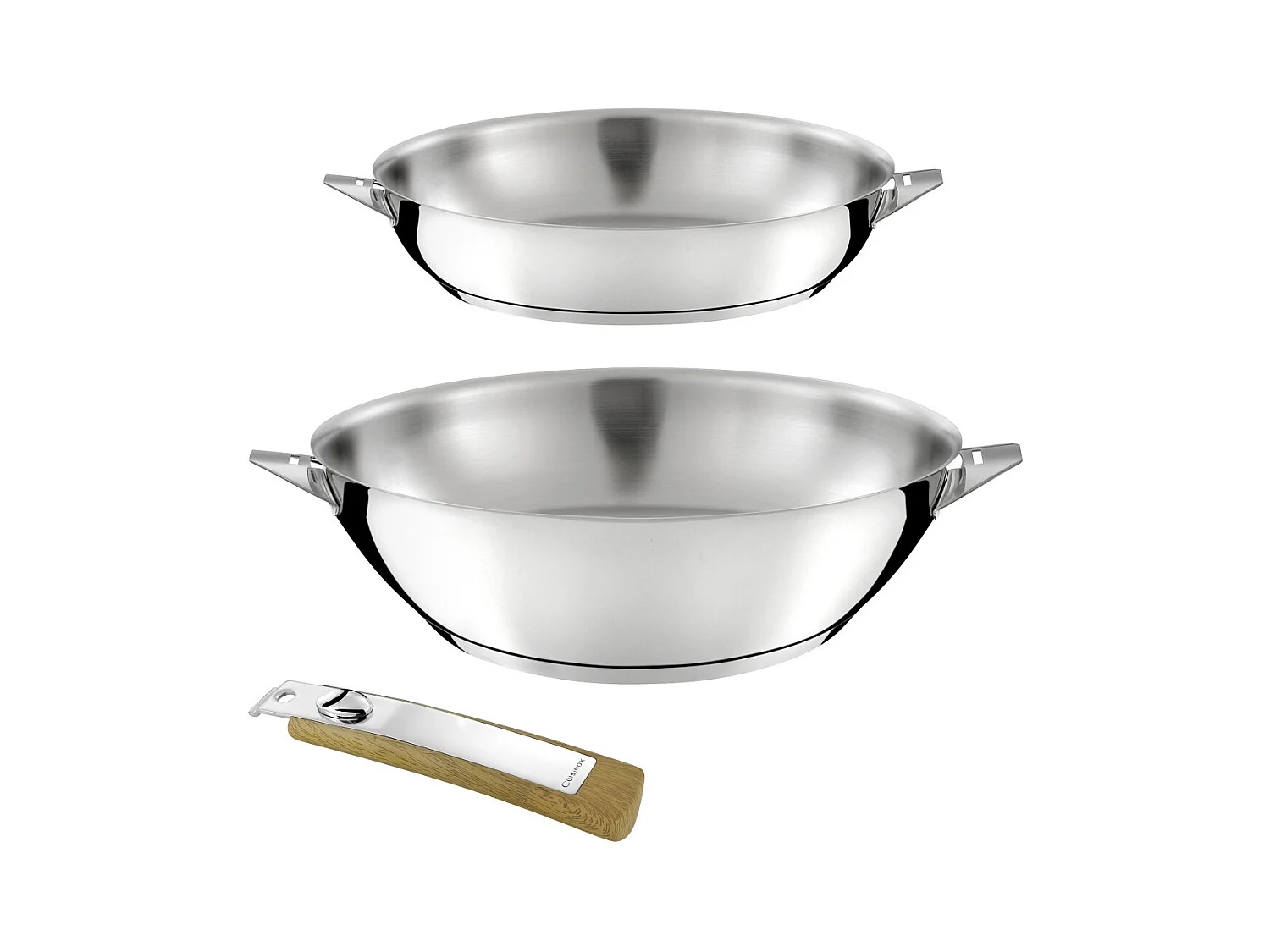 Eclipse - Lot de 1 poêle 24 cm et 1 wok 28 cm finition miroir avec poignée effet bois clair