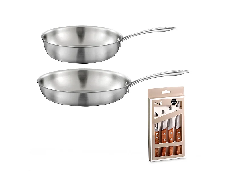 Gourmet - Lot de 1 poêle inox 28 cm, 1 sauteuse inox 24 cm, 1 coffret 4 couteaux de cuisine